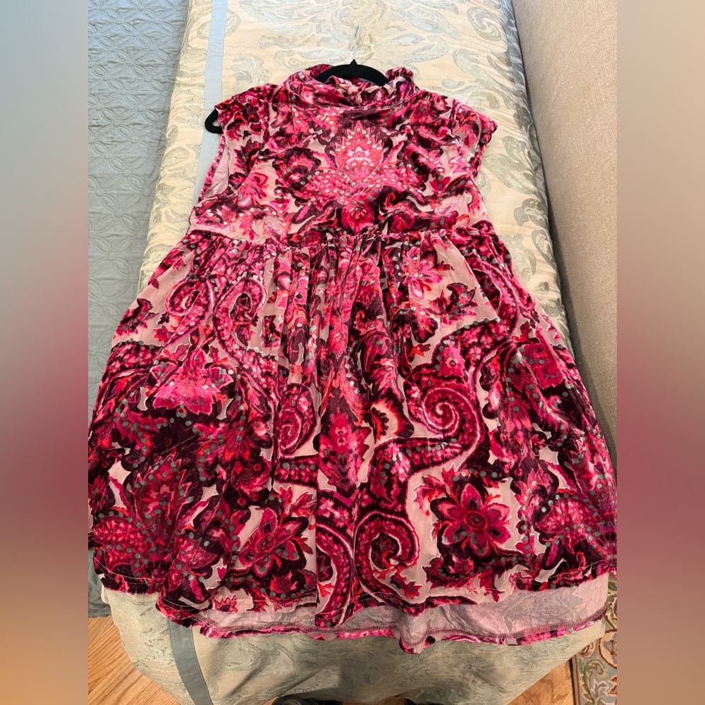 Free People All The Time Pink and Red Paisley Baroque Velvet Babydoll Mini Dress - Picture 2 of 7